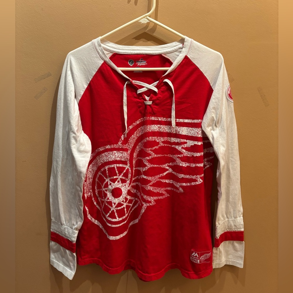 Majestic Womens Detroit Red Wings Lace Up Raglan Long Sleeve T-Shirt Size XL
